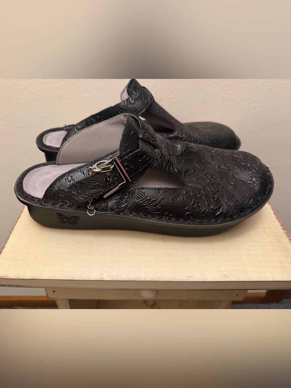 Alegria Black Embossed Slip-On Clog with Buckle